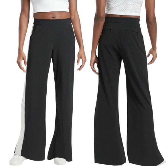 Athleta Luxe Gramercy Track Trouser Black Snap Button Legs White Stripe Size 8 - Picture 2 of 13